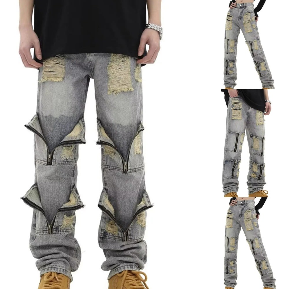 Men's Vintage Ripped Loose Straight Leg Denim Pants Professional Stretch Jean